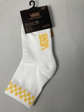 Vans White Crew Socks with Yellow Logo & Checker Cuff